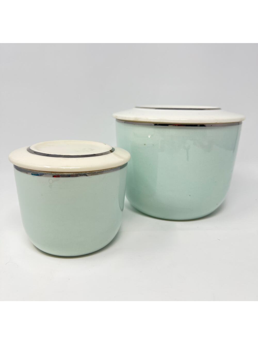Vintage 50s Ballerina Mist Refrigerator Canister Dishes Lids Set of 2 Ovenproof